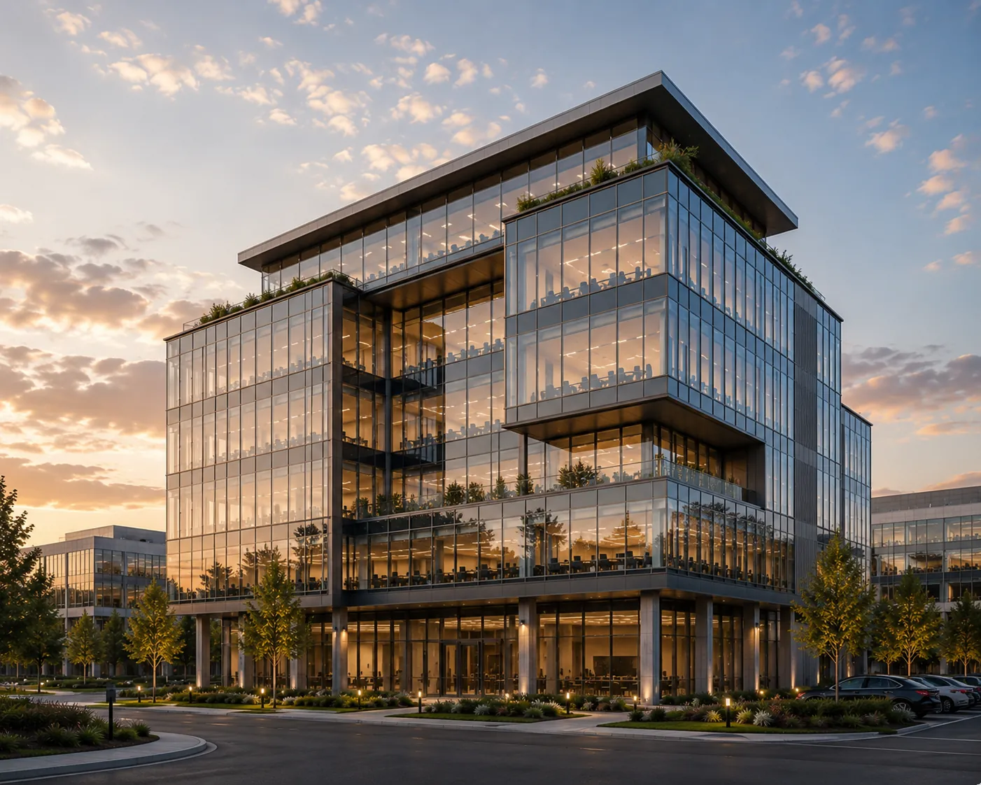 A glass office building lit at sunset