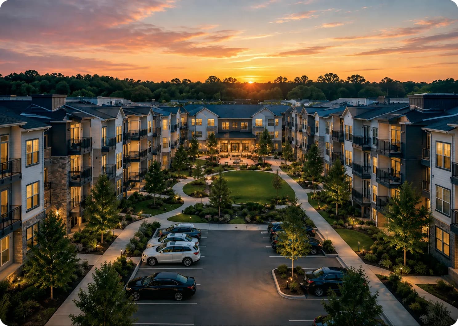 An aerial view of a multifamily property at sunset