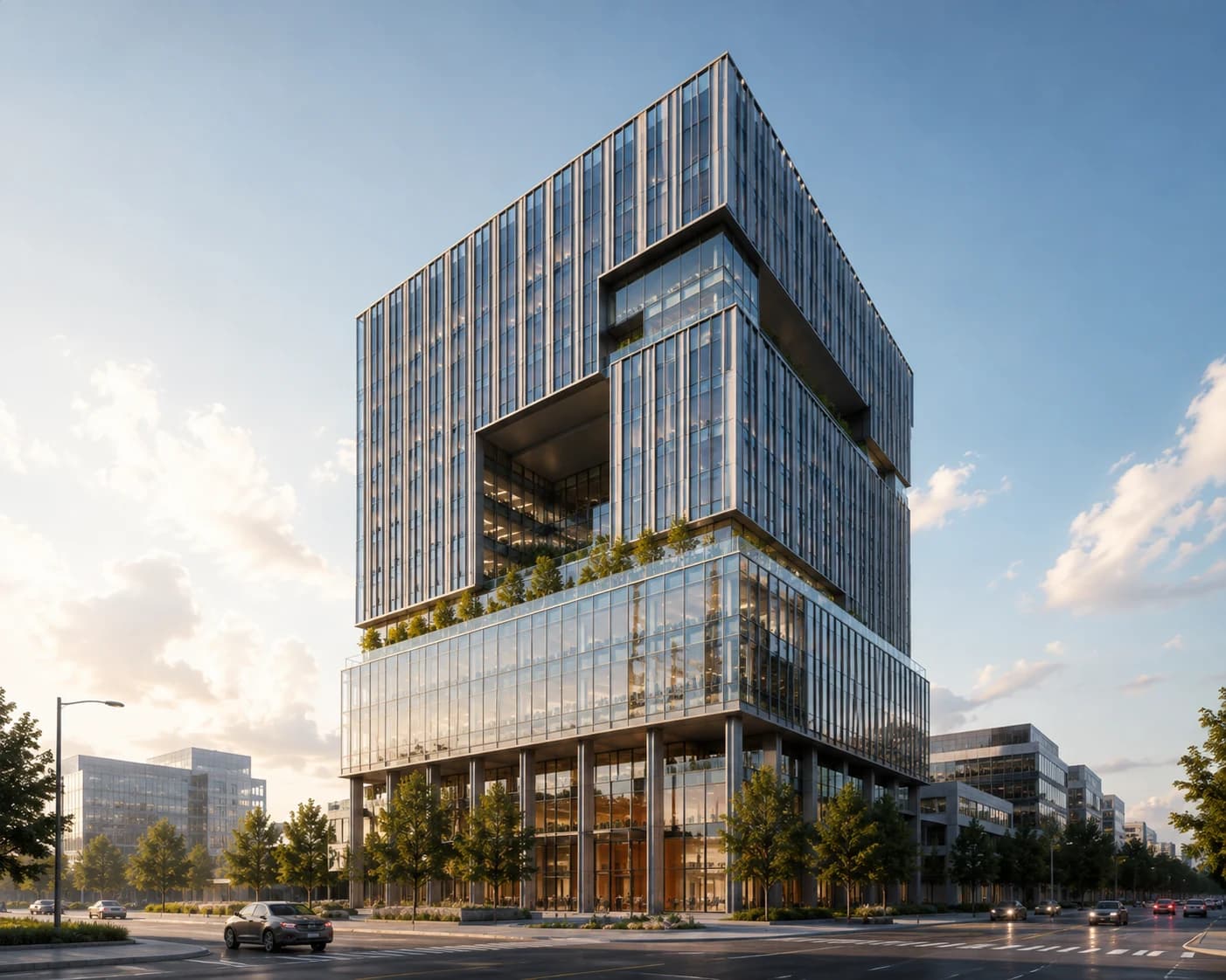 A modern mixed-use tower on a clear day